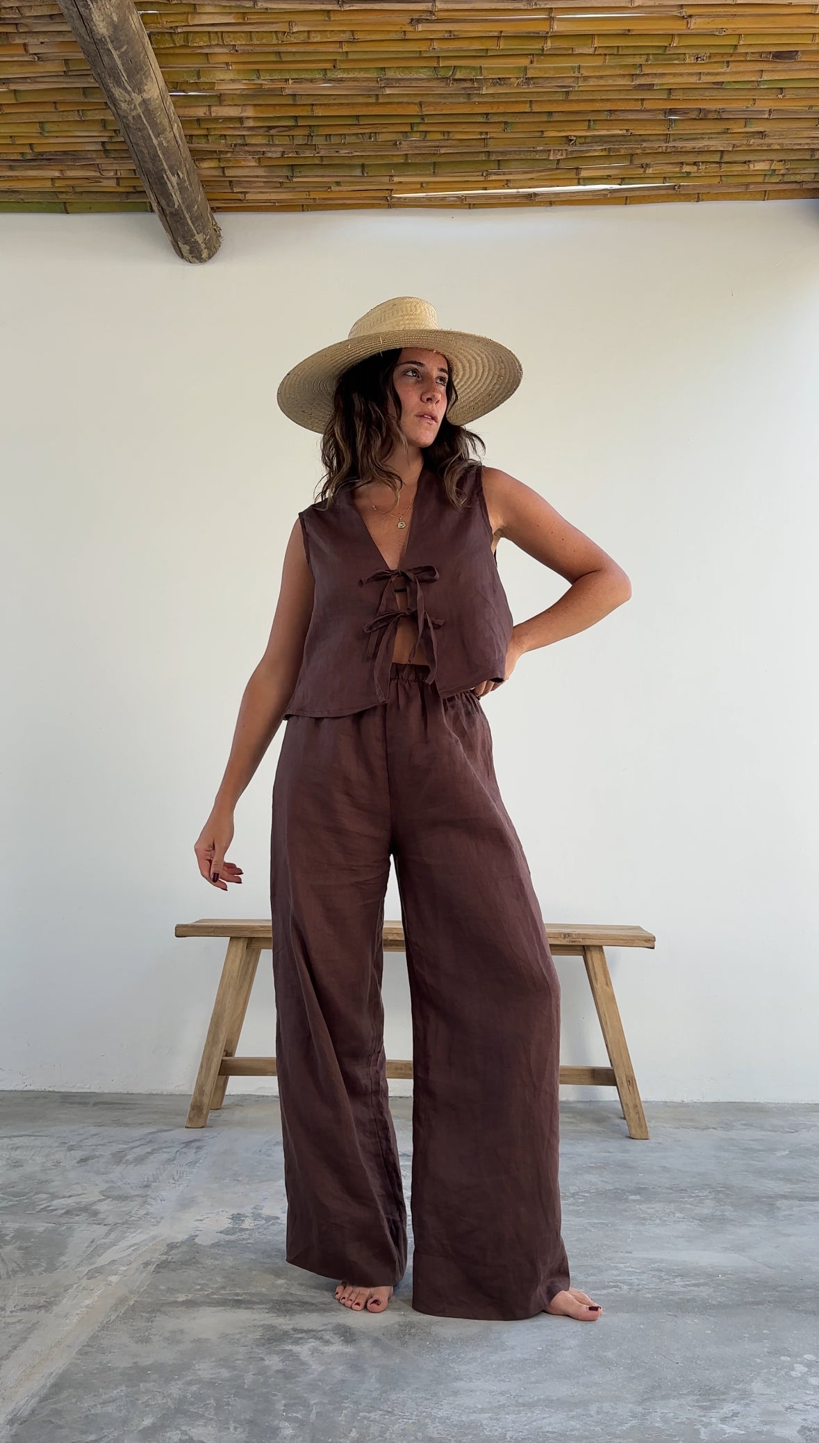 pantalon lino color chocolate mujer