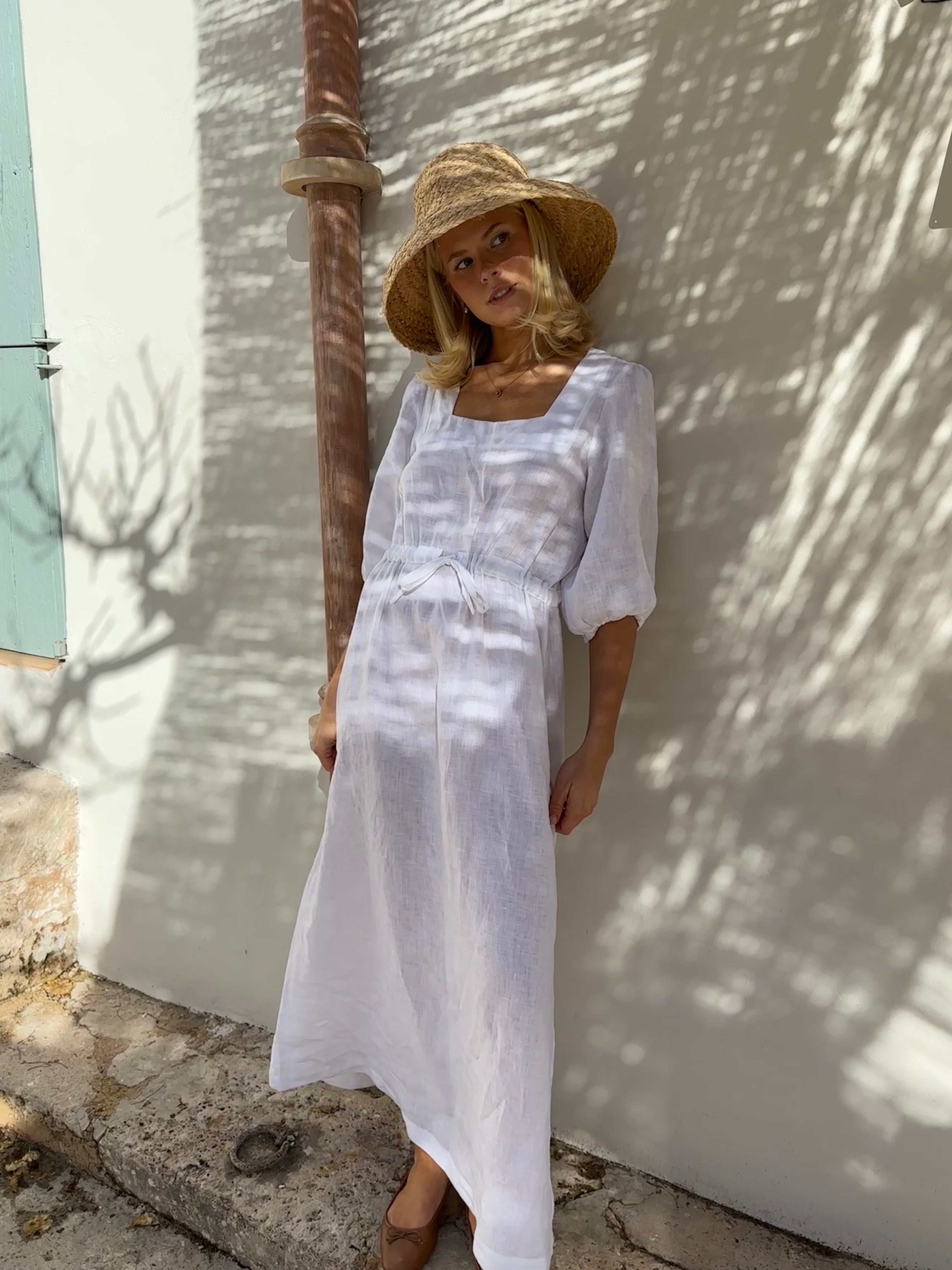 vestido de lino largo escote cuadrado