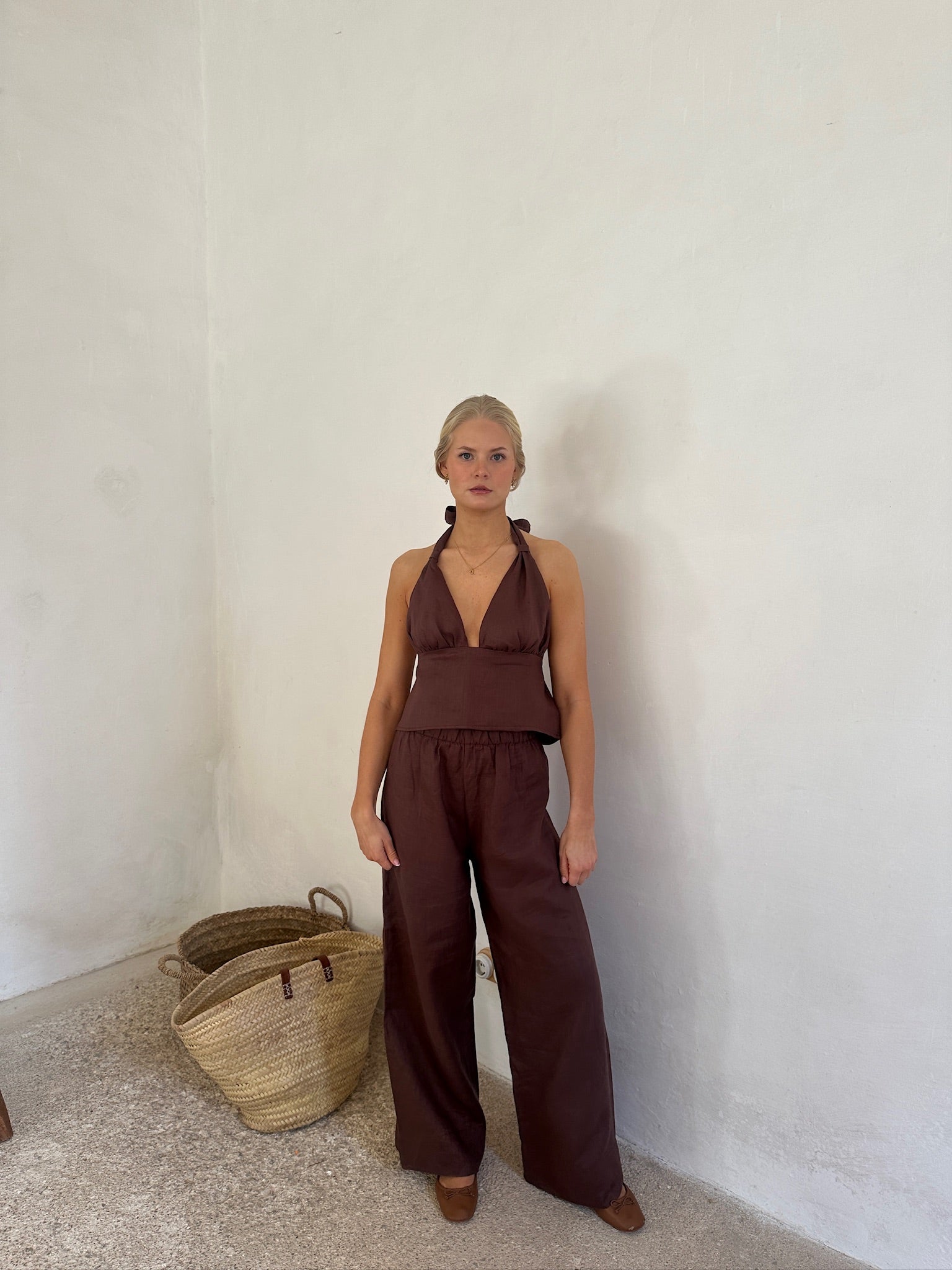 conjunto blusa del lino y pantalon chocolate