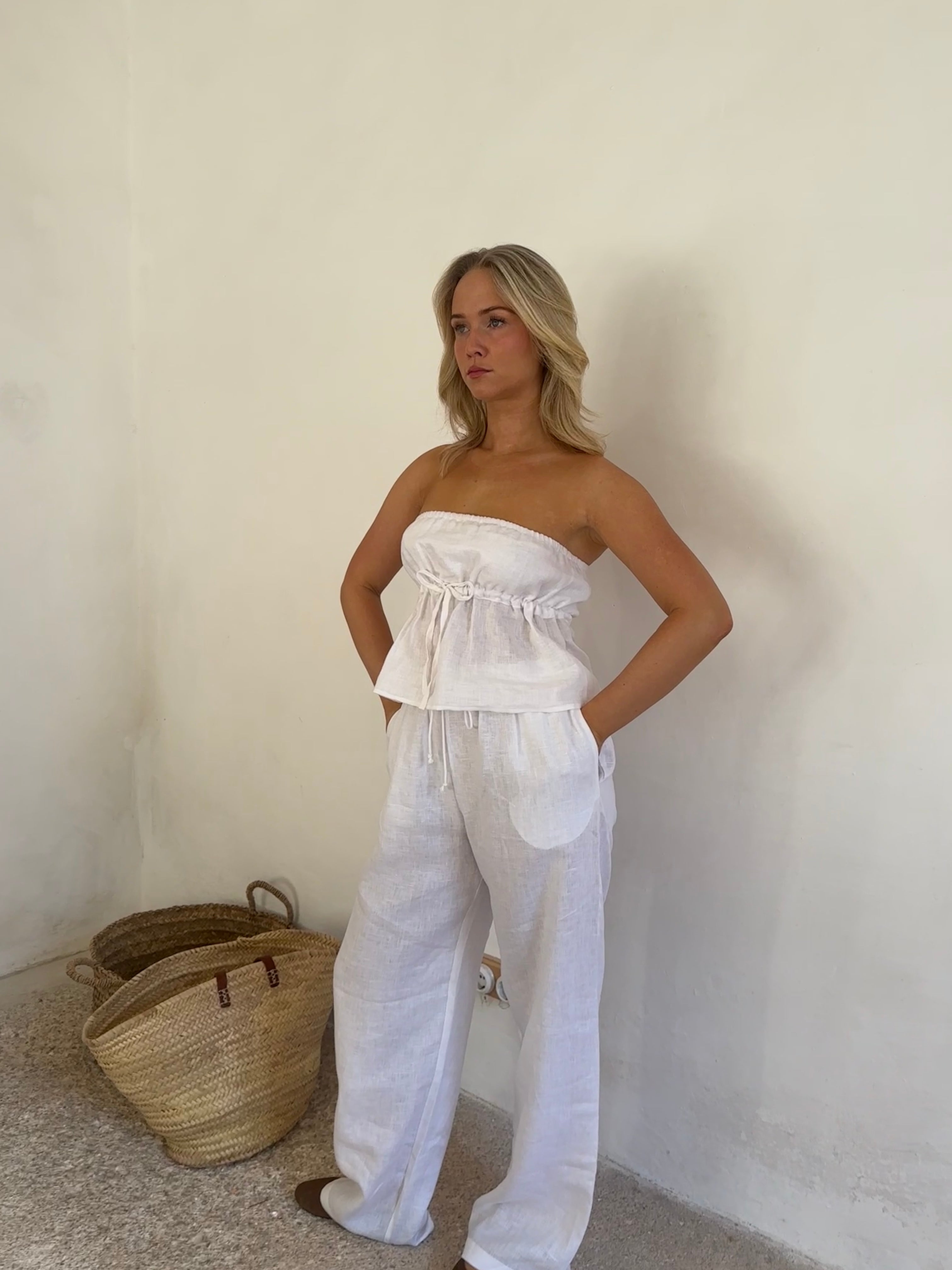pantalones en lino blanco mujer