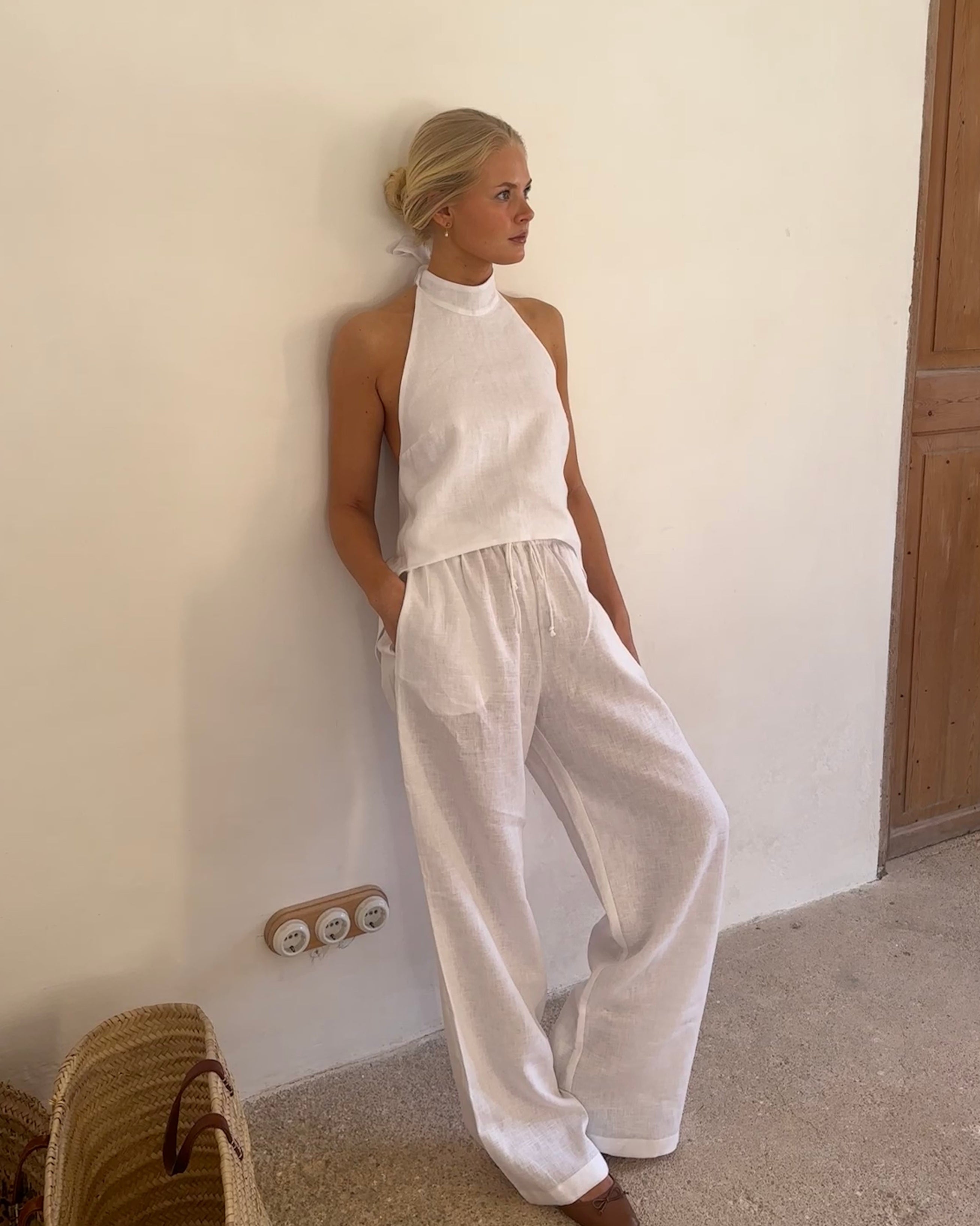pantalon en lino blanco mujer