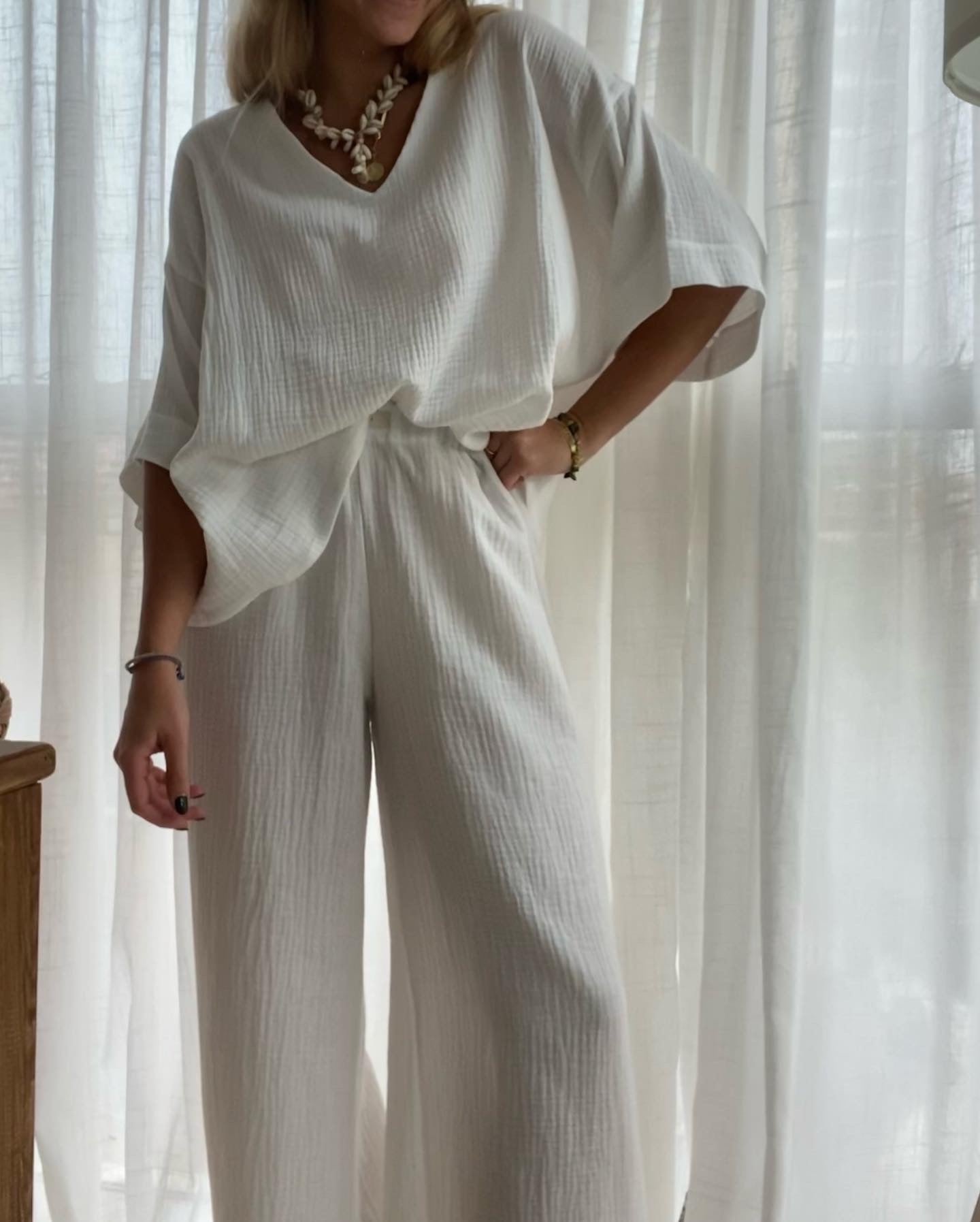 pantalon de lino largo blanco