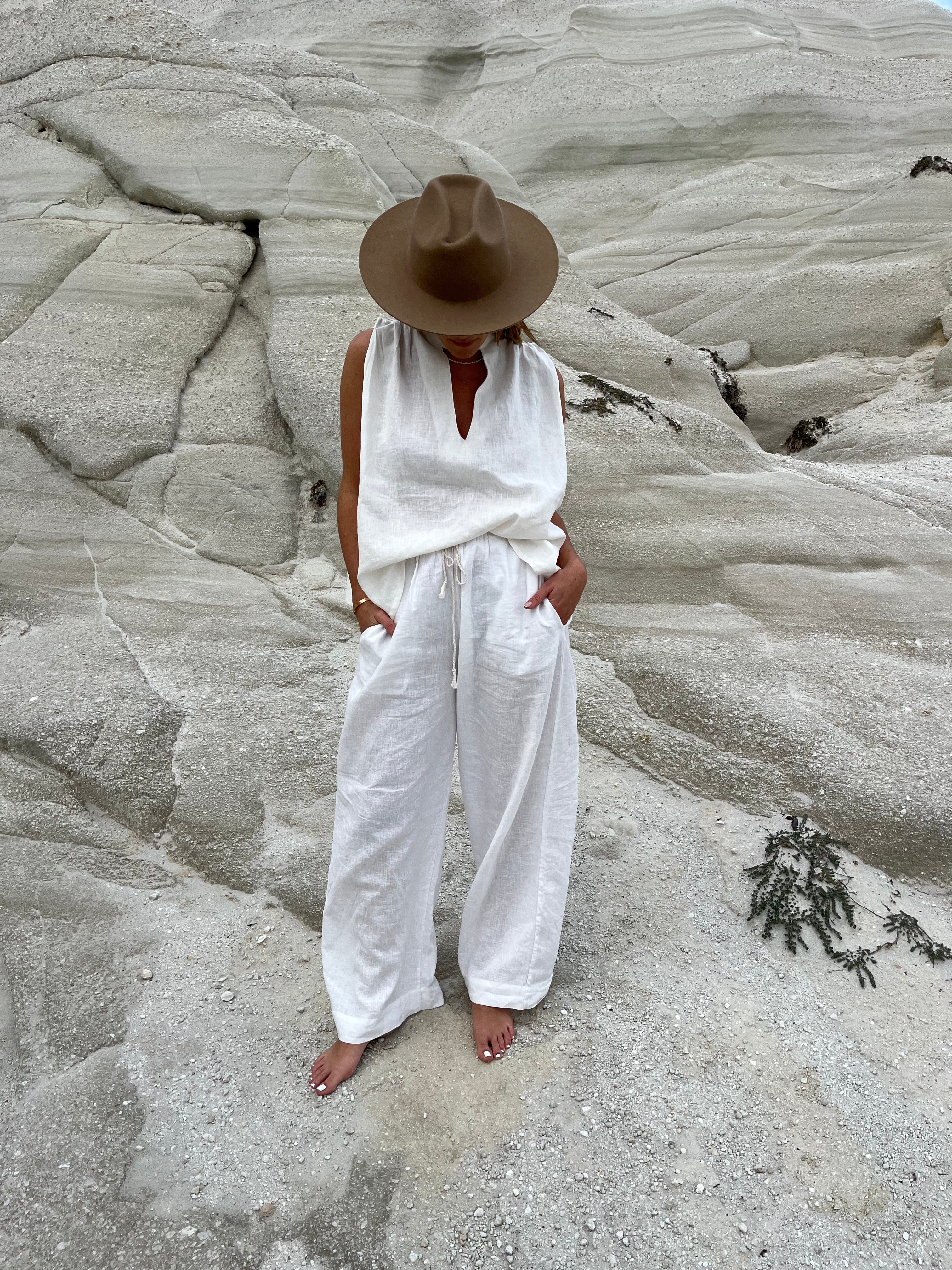 pantalones de lino blanco para mujer